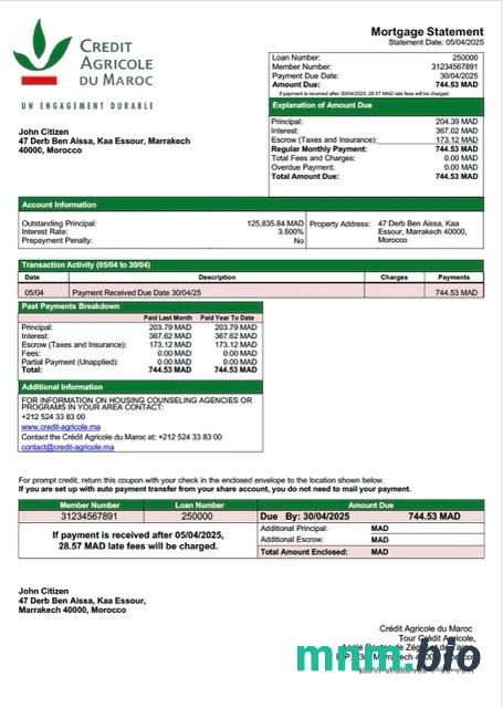 Maroko Crédit Agricole du Maroc wyciąg z kredytu hipotecznego szablon Word i PDF
